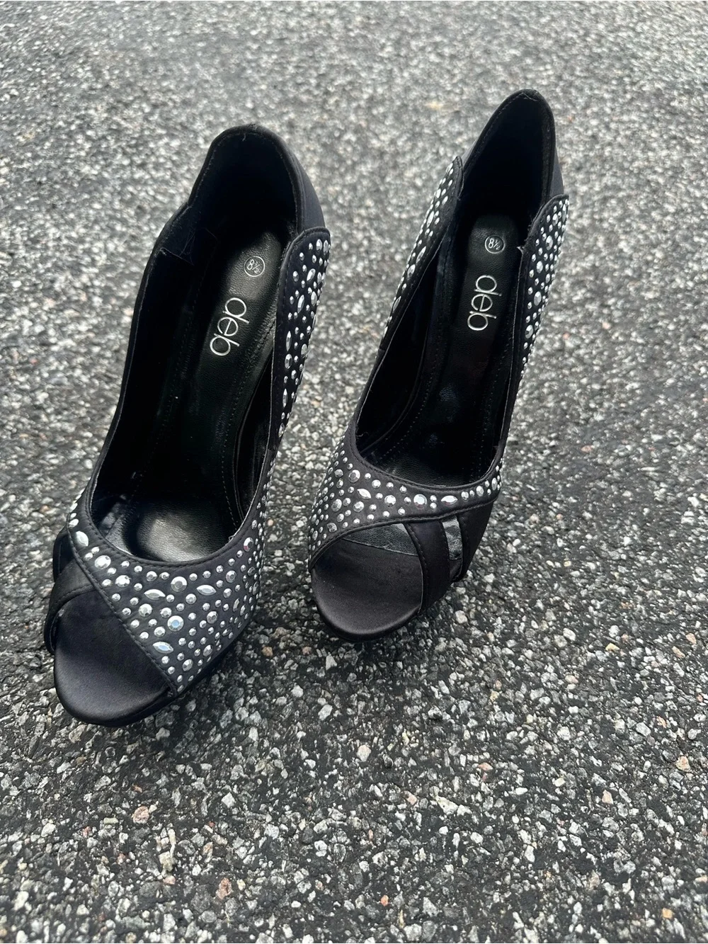 Deb Black Crystal-Embellished Peep Toe Heels